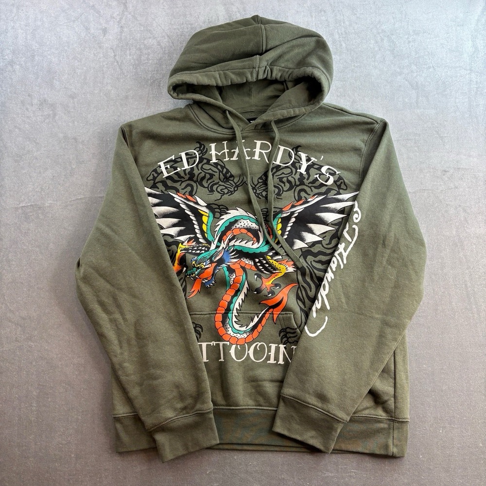Ed Hardy Hoodie Mens Large Green Tattoo Dragon Graphic Pullover Sweatshirt Y2K